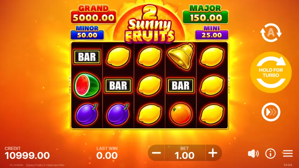 Sunny Fruits 2 base game 5x3 grid with fruit symbols and fixed pay lines