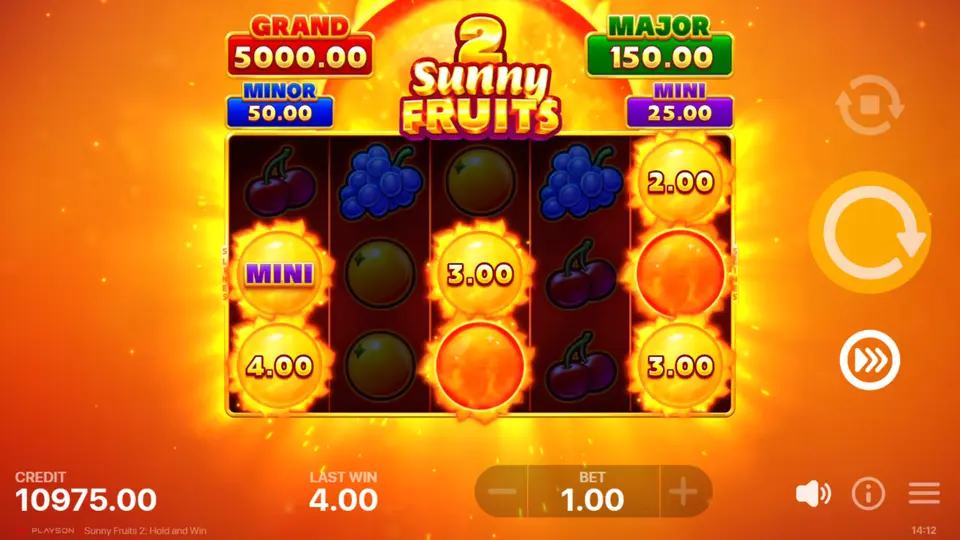 Sunny Fruits 2 Bonus Game grid filled with bet multiplier symbols and jackpot values