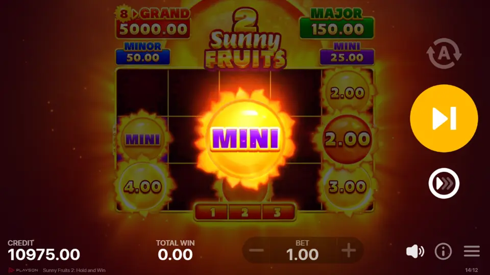 Sun Bonus collector symbol gathering jackpot values in Sunny Fruits 2 Bonus Game